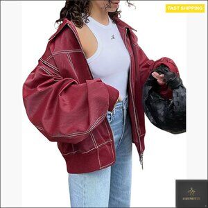 Faux Leather Motorcycle Jacket Oversized Zip Up Winter Coat Outerwear